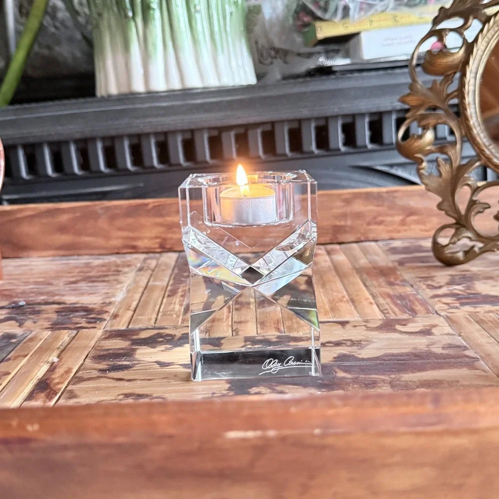 Oleg Cassini Crystal Geometric Votive Tealight Candle Holder - Signed Art Glass